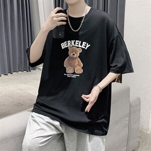 韩系简约小熊印花短袖T恤帅气大码宽松男潮517A-1-T915-P28控38图片