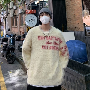 YC9888-P50美式潮牌仿貂刷毛软糯秋冬毛衣复古字母宽松情侣针织衫图片