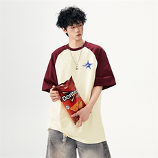 抖音得物高品质二开240克宽松纯棉美式潮牌插肩袖拼接短袖T恤，男装T恤，电商A486-1