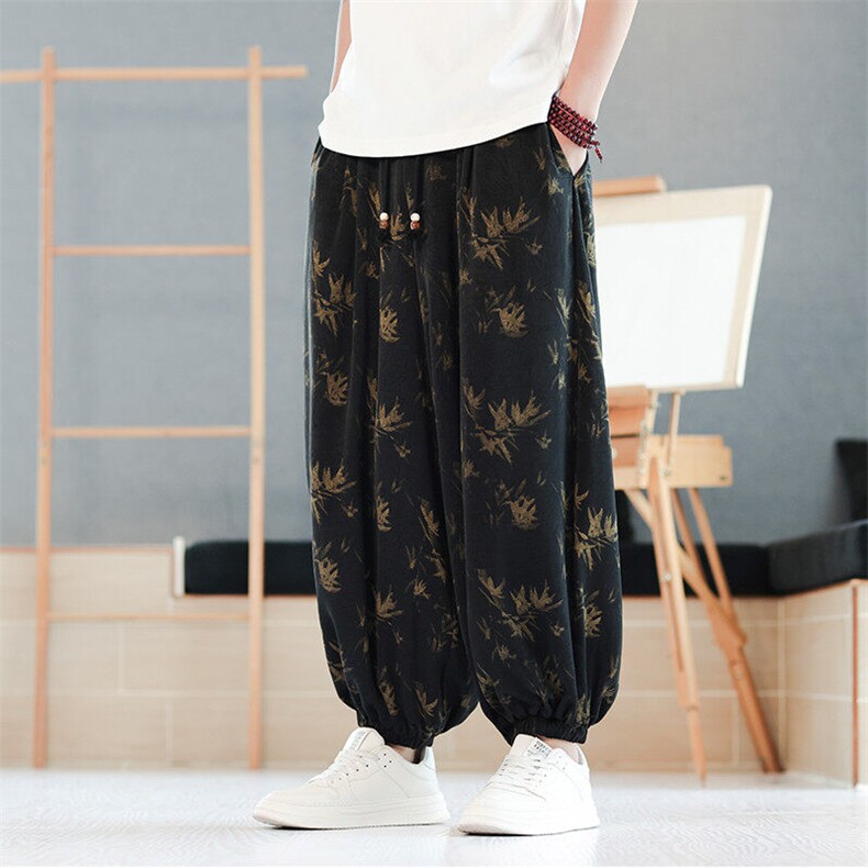 2025风春季现货长裤阔腿印花竹叶中式裤子灯笼裤K315-P70控98，男装休闲裤，电商A021