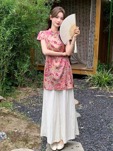 慕未家J夏装新款立领打褶中长上衣松紧腰短裤时尚国风套装熹58298图片