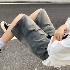破洞牛仔短裤男夏季2023新款美式复古水洗裤子宽松潮牌直筒五分裤，男装牛仔裤，星座601-2