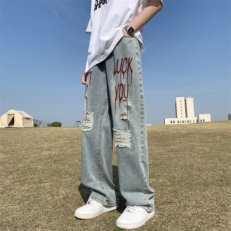 美式hiphop牛仔裤子四季款破洞字母涂鸦潮流休闲牛仔图片