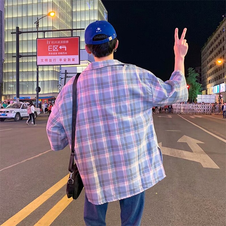 C323格子短袖衬衫百搭小清新文艺衬衣潮蓝色调翻领防晒衫外套学生,男装衬衫,星座115A(原星座507）