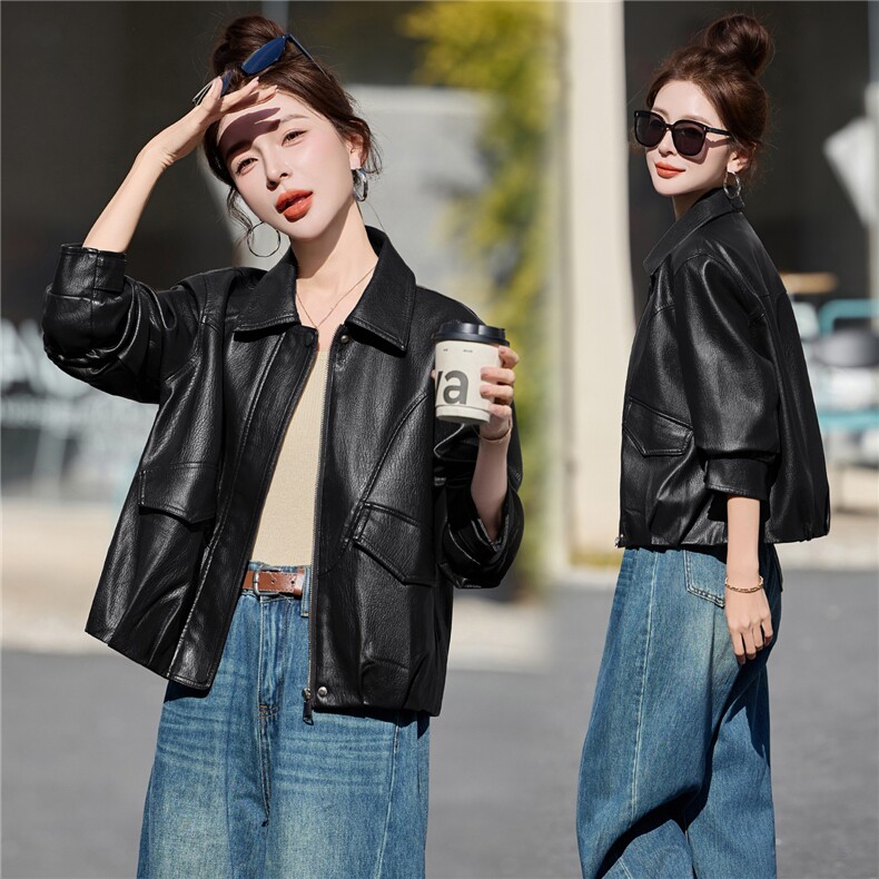已出货春装新品小皮衣外套女翻领短款时尚百搭机车服小个子上衣,女装皮衣,吾爱衣