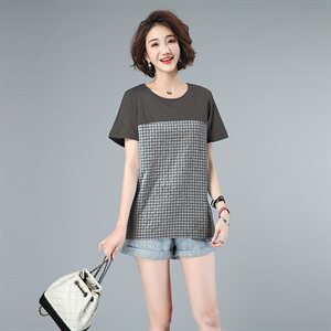 2021夏款大码女装格子拼接上衣3201款,女装大码女装,秋牧寒烟