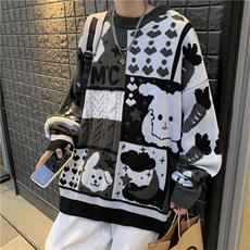 秋冬季宽松慵懒圆领情侣针织衫日系复古卡通拼色毛衣男M814-P45，男装针织衫/毛衣，星座512-2