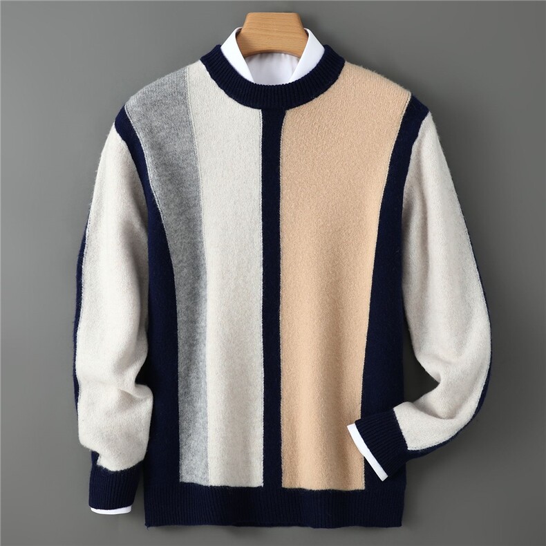 2025年秋季落肩袖长袖基础大众加厚圆领拼色，男装羊毛衫，祥特羊绒