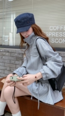 休闲收腰条纹立领外套女春秋2025新款小个子百褶上衣流行爆款漂亮，女装短外套，1C071-1