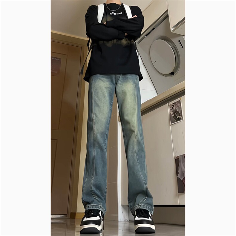 美式机能复古蓝牛仔裤微喇裤纽扣拼接牛仔裤K2402P60,男装牛仔裤,电商A062