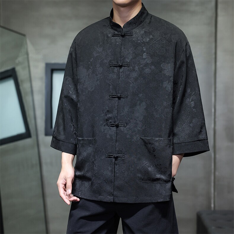 2025夏季风立领提花七分袖衬衫宽松大码上衣CS2502-P7088,男装衬衫,电商A008