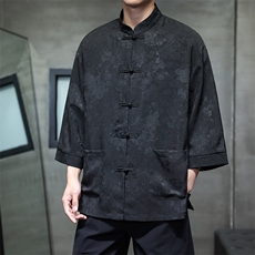 2025夏季风立领提花七分袖衬衫宽松大码上衣CS2502-P7088，男装衬衫，电商A008
