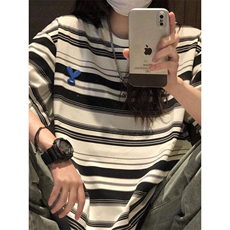 chic港风潮条纹短袖T恤男女宽松oversize日系复古情侣LSK422-P26，男装T恤，星座1008