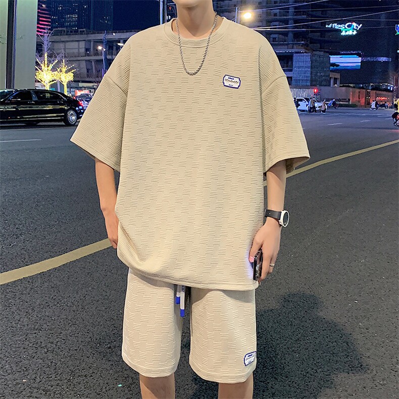 特批P50无差价纹理感华夫格大码两件套休闲运动短袖短裤套装TZ019,男装休闲套装,电商A001