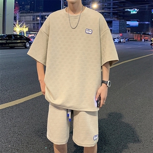 特批P50无差价纹理感华夫格大码两件套休闲运动短袖短裤套装TZ019