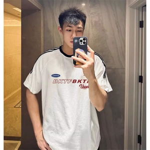 夏季美式高街重磅纯棉三条杠织带撞色男女短袖T恤ZD639-特P30图片