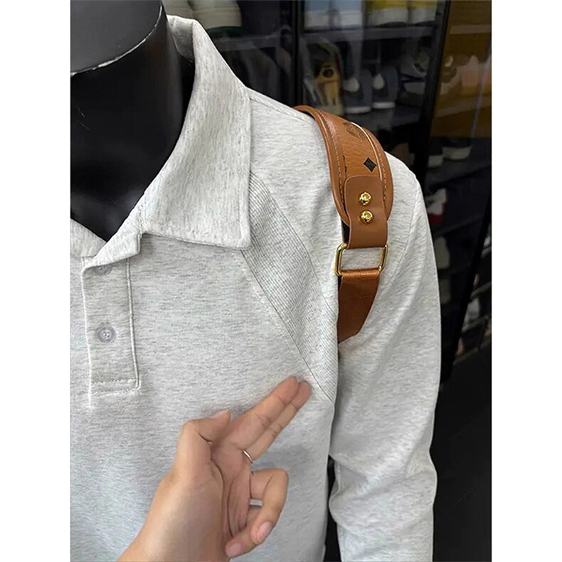 抖音得物高品质美式高街重磅曼巴棉结构螺纹拼接翻领卫衣长袖T恤,男装T恤,电商A486-1