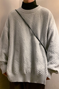 秋冬休闲盐系大码菱格圆领毛衣男美式复古毛线衫针织衫MY105-P40图片