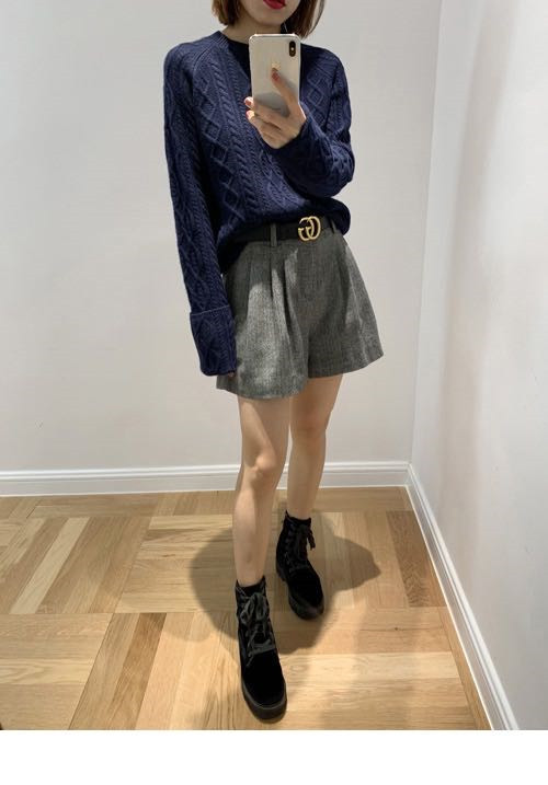 秋冬季新款舒适显瘦时尚百搭反袖圆领扭花羊毛套头衫,女装羊毛衫,恒恩羊绒