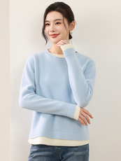 2025年秋季时尚百搭通勤简约休闲圆领卷边假两件，女装羊毛衫，佰旭羊绒