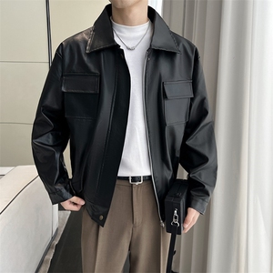 双拉链垫肩皮夹克男小众设计感潮牌痞帅机车服秋冬Pu皮衣外套图片