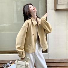黄色麂皮绒短外套女2025秋季新款韩系设计感洋气减龄刺绣夹克上衣，女装短外套，2C198