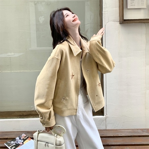 黄色麂皮绒短外套女2025秋季新款韩系设计感洋气减龄刺绣夹克上衣图片