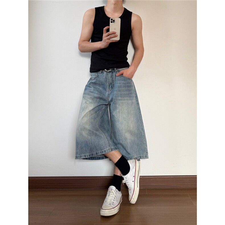 美式复古竹节纹做旧牛仔短裤男潮cleanfit高智感阔腿七分裤，男装牛仔裤，星座1210-1