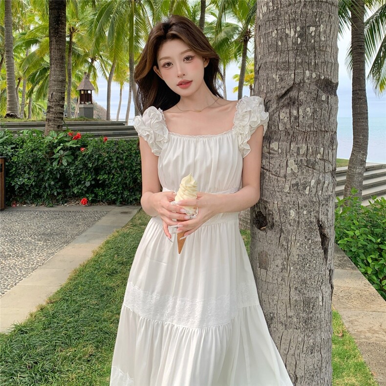 木耳边白色小飞袖连衣裙女夏季2025新款法式吊带裙超仙蛋糕长裙,女装连衣裙,2C375