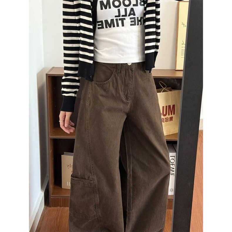 小个子复古美拉德咖色阔腿工装牛仔裤女新款辣妹高腰宽松直筒长裤,男装牛仔裤,星座1409-3