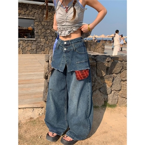 假两件设计感格子拼接牛仔裤女2025新款美式复古宽松阔腿弯刀裤子图片