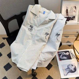 日系复古条纹短袖衬衫新设计感小众宽松休闲衬衣夏上衣G347 P42图片