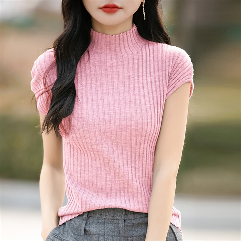 法式半高领针织短袖女T恤连肩小飞袖修身显腰身春秋紧身内搭打底,针织衫/毛衣,佳绒包芯纱店