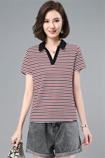 刺绣polo衫短袖t恤女士夏季2026年新款大码宽松翻领条纹半袖上衣，女装T恤，板酷