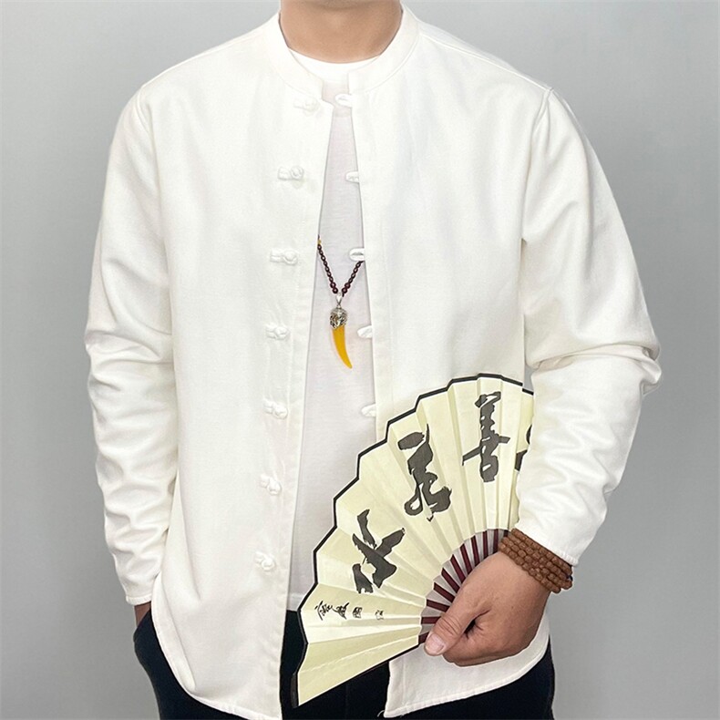 2220^冬季男休闲加绒加厚盘扣唐装衬衫青年潮流中式长袖立领衬衣,男装衬衫,钱塘777(原3023)