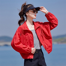 红色宽松防晒衣女2025新款夏季韩版潮流透气减龄小个子休闲短外套，女装防晒衣，靓衣阁