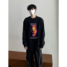 美式复古克苏鲁科技印花长袖T恤小领口打底衫，男装T恤，星座310A-4