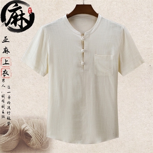 主推大货新款夏男款风中年休闲亚麻短袖T恤棉麻宽松半袖，男装T恤，钱塘723