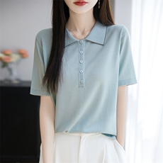 高级感莱赛尔针织polo翻领T恤女2025夏轻薄透气减龄短袖镶钻t恤衫，女装T恤，昭美羊绒