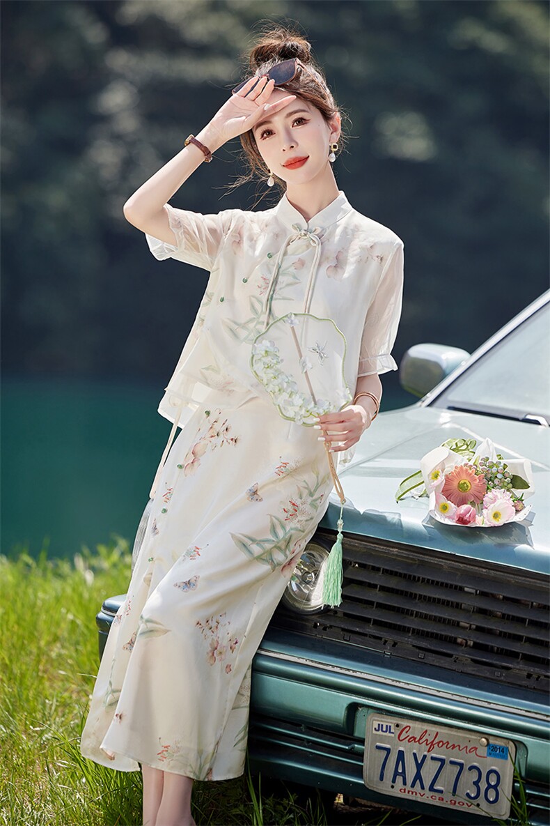新中式国风套装女夏高级感2024新款气质绝美改良旗袍套装裙两件套,女装套装/套裙,韩蜜菓