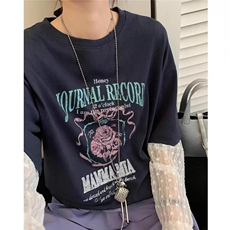 韩系慵懒假两件印花设计休闲运动T恤，女装T恤，湘姗