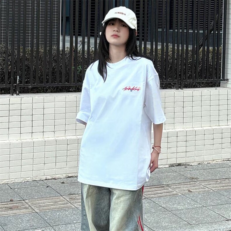 万针全刺绣工艺抖音得物高品质260克重磅纯棉双纱美式高街短袖T恤,男装T恤,电商A486