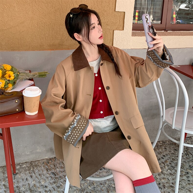 现货2025秋季风衣新款拼色方领外套RF2C290-5858-1#-P155-K225,女装风衣,2C290