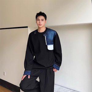 春季新款韩版牛仔拼接圆领长袖男卫衣潮流痞帅休闲套头上衣C175图片