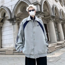 美式复古拼接条纹撞色翻领外套男春秋季2024新款潮牌痞帅宽松夹克，男装夹克，星座716-4