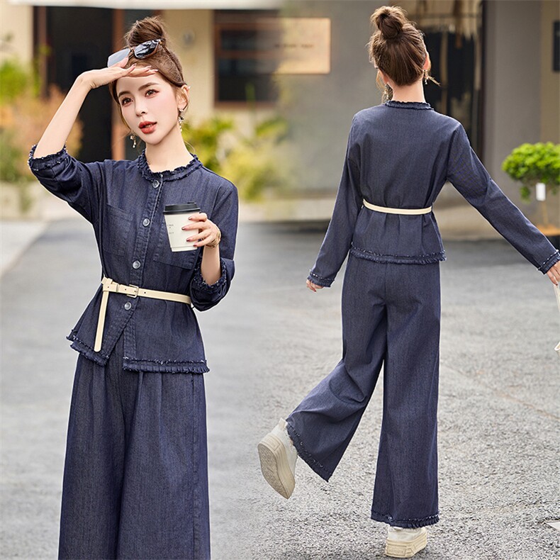 时尚休闲牛仔套装女2025春季新款超好看收腰上衣复古阔腿裤两件套,女装套装/套裙,魅影