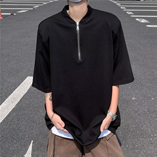 半拉链重磅短袖t恤男夏季美式小众宽松纯色棒球领体恤3041P33，男装T恤，星座410-2