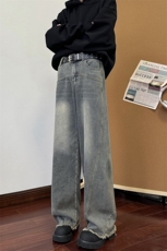 现货直筒渐变休闲裤女宽松复古蓝毛边牛仔裤男K5825-P55控78，男装休闲裤，星座205