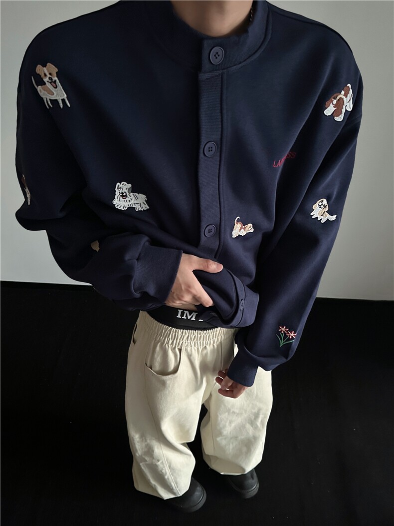 WY823-尺码M-3XL-P65-X128-美式复古趣味卡通小狗刺绣开衫卫衣,男装卫衣,星座1811B