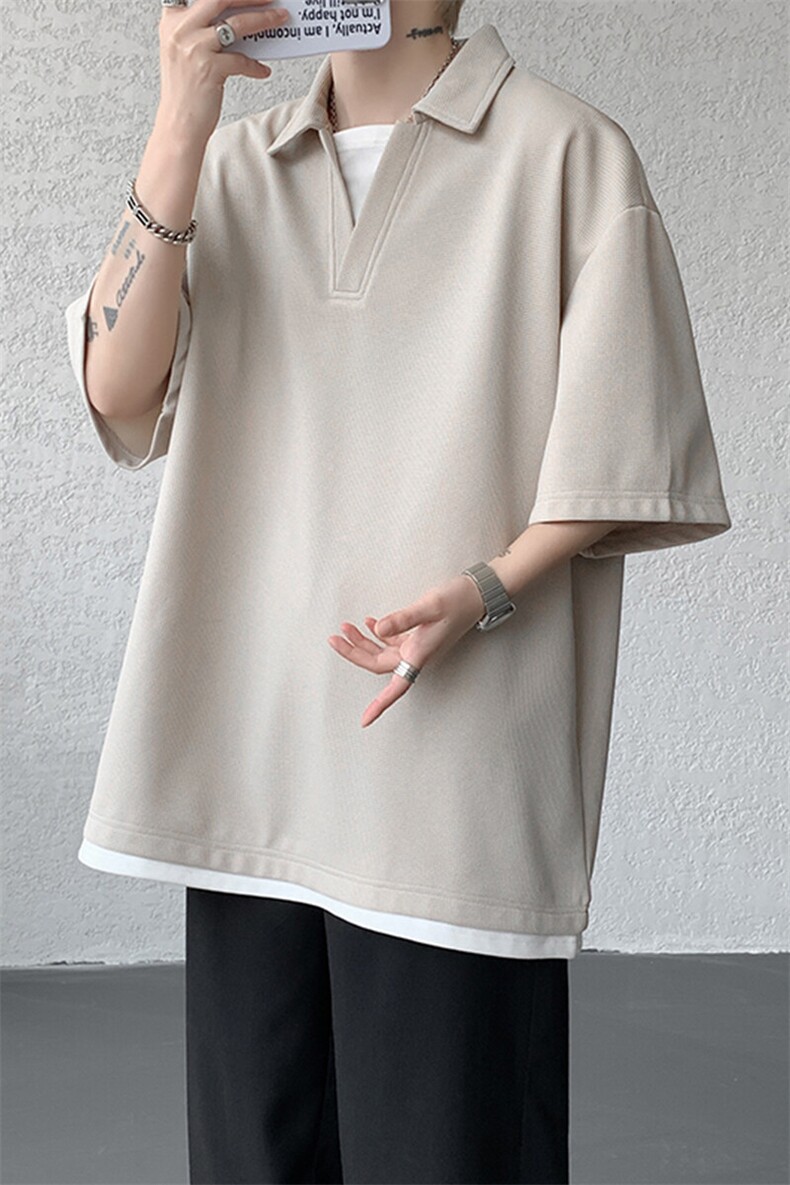 8XL-M假两件V领短袖t恤男夏翻领半袖宽松重磅华夫格大码DT001P40,男装T恤,电商B312